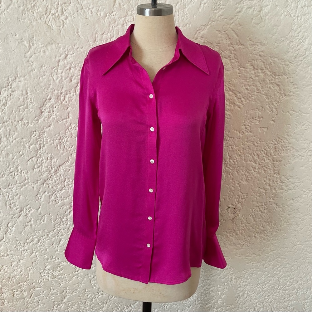 Suistudio Fuchsia Pink 100% Silk Collared Button Down Blouse Size 36 (US 4)